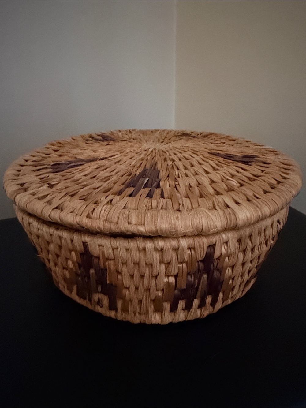 Woven Round Lidded Storage Basket in Natural Brown